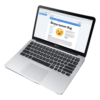 Create an emoji representing blogging as a form of content creation. The design should feature a laptop or desktop computer with an open blog page on the screen, showing visible text, photo or graphic. Do not include any emojis or smiley faces. Make the background transparent. sticker