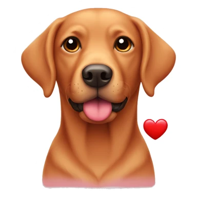 Red Labrador holding a heart sticker