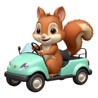 High-quality 3D Pixar-style mint green golf cart speeding in bright courtyard, driven by a super-cute smiling baby squirrel, glossy fur, big eyes, vibrant colors, smooth shading, butterflies, potted plants, bright daylight. sticker