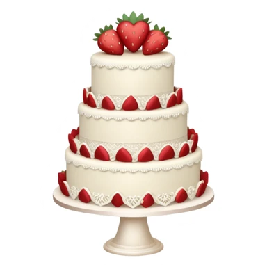 white wedding cake with strawberries, lace piping, heart-shaped topper sticker