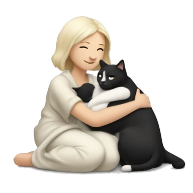 White lady snuggling with a black and white  cat with a blanket sticker