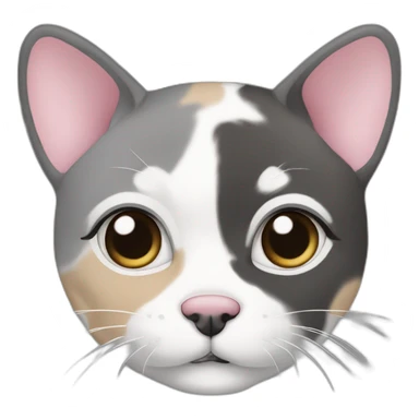 senior round diluted calico, white chin, black and pink nose, grey ears, grey and white sticker