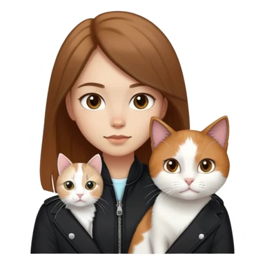 Light-skinned girl with brown straight hair wearing a black jacket, along with one pure white cat and one calico cat sticker