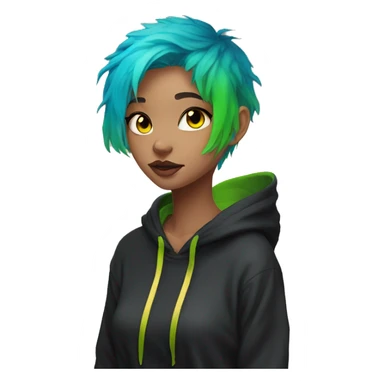 Lady with brunette and iridescent blue hair, gold, lime green dragon wings, black hoodie, bleach dyed, black and gold Nike t shirt, and bright red eyes sticker