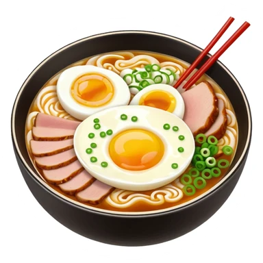 Create a realistic ramen bowl with broth, egg, pork slices & toppings. sticker
