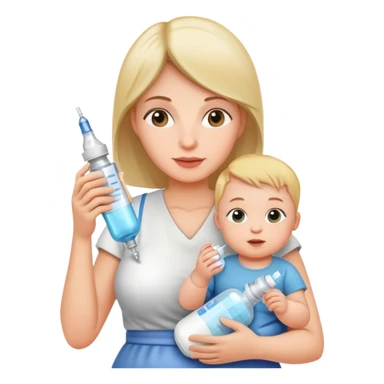 Mother holding a baby bottle with milk and a vaccine syringe sticker