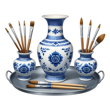 Metal painting icon, a metal vase with intricate designs in Gzhel and Chinese embroidery styles, placed on a metal tray, 3 paintbrushes beside it, minimalistic style, clean lines, transparent background. sticker