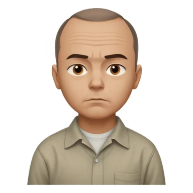 Carl from Sling Blade, serious expression, very detailed features,very recognizable features, chin sticking out, slouching posture, no glasses, shirt with collar,show his entire body, he is standing. three-quarter face angle view. He sticks his head forward. less apple style emoji.  sticker