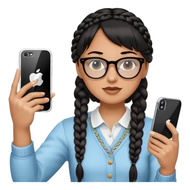 Black hair is braided to one side, braided to the left, and bangs, wearing horn-rimmed glasses, holding an iPhone white color and taking a mirror selfie so that Apple logo comes out sticker