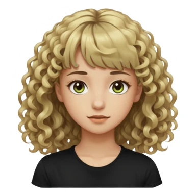 young woman wearing a black t shirt with curly dirty blonde hair, straight bangs, and hazel green & brown eyes. She has magical shadow powers like the Darkling in Shadow & Bone sticker