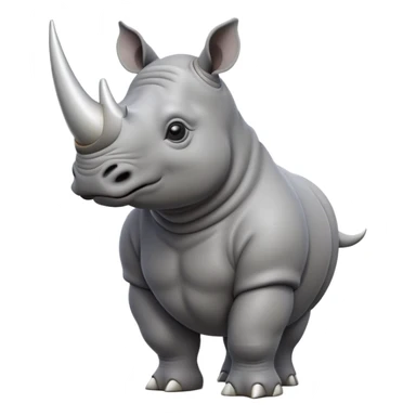cinematic-rhino-full-body-standing-emoji,white horn, slate grey skin -massive-body-poised-powerfully,-thick-horn-curving-slightly-forward,-head-tilted-dramatically,-rough-grey-hide-covered-in-dust,-simplified-focused-features, large cute black eyes sticker