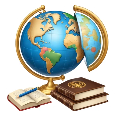 An icon featuring a globe with speech bubbles in different languages, symbolizing the study of foreign languages. The design includes a book and a pencil, representing learning and communication across cultures. Transparent background highlights the global nature of language education. sticker