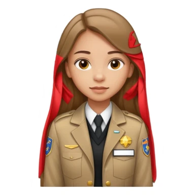 Young girl, long brown straight hair, wearing uniform jacket with hotel name badge, tasteful scarf, stand behind the desk

 sticker