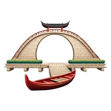 West Lake with Broken Bridge and small boat, Hangzhou, symmetrical composition, simplified emoji style with bold outlines, traditional Chinese arch bridge over water with a small wooden boat beneath sticker