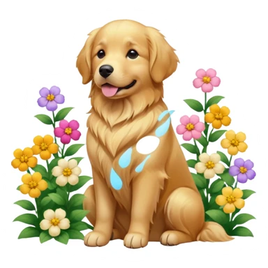 A Golden Retriever sitting in a blooming flower garden, sunlight highlighting its shiny golden fur. Gentle expression, realistic photography, warm color tones. sticker