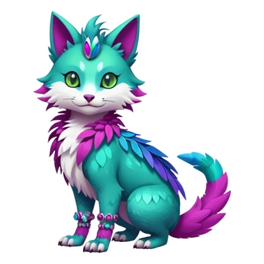 Kawaii cute colorful iridescent deep-dark-turquoise-green and magenta and white beautiful pretty elegant divine edgy feline-vernid-sergal-Fakémon-Pokémon-fursona-animal-creature with accessories, full body, with intricate detailed markings, feathers sticker