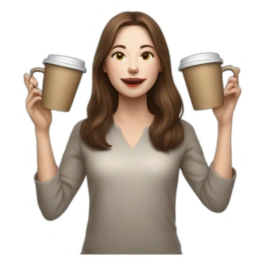 woman juggler with long straight brown hair and pale skin juggling three coffee cups and two small laptops in the air sticker