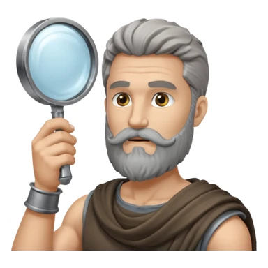 Dios griego con barba estilo estatua de color gris, de perfil mirando con una lupa de sticker