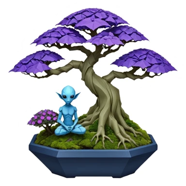 Futuristic wild glowing et alien moss maples Bonsai hair-fine-leaf group multi faceted intricate crystal boxwood Darth Vaderpurple and cream rose blue informal rocky cliffhanger eight trees forest planting in shallow origami slab style pot with big anthropomorphic feet  sticker