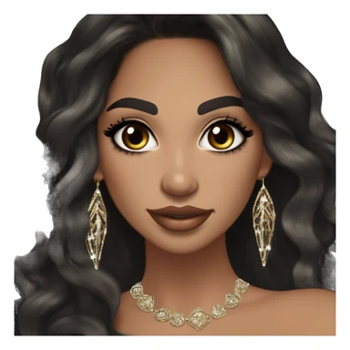 Glamorous, cocktail dress, black balayage hair, long wavy hair, olive skin, brown almond eyes, winged eyeliner with big lashes, wearing hooped earrings, rings and bracelets  sticker