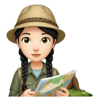 A braid black hair backpacking woman checking her map with curious eyes while wandering in the woods with camping hat sticker