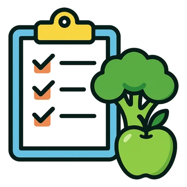 Vector-style illustration of a healthy diet checklist: an open notepad with checkmarks, placed beside fresh broccoli and a green apple. Clean, crisp lines, modern flat design with realistic soft shadows and highlights. High contrast, vibrant colors, minimalistic background. Professional, polished style, ideal for health or nutrition app or article illustration. sticker