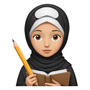 a girl wearing a hijab, holding a pencil and sketchbook, looking creative, Apple emoji style sticker