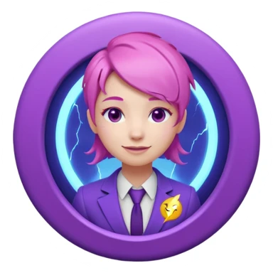 Cute 3D emoji-style girl sexy character with pink hair and purple eyes, inside a circular badge. No hands, no pose. Clean purple suit with a glowing neon-blue ‘C’ logo on the chest, small lightning accent. Smooth Apple-style lighting, friendly expression sticker