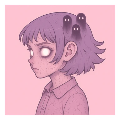Add more horror details to this pastel horror profile picture, keep it cute, expressive, and minimal, in the style of imagen-4-fast (a detailed, high-quality, fast image generation style). Enhance the horror elements while maintaining the pastel color palette and minimalistic, cute expression. sticker
