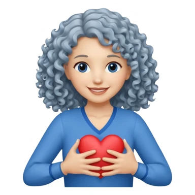 Silver, wavy/curly hair chin-length lady giving hug with 2 arms, blue v-neck and smiling, add a heart, not blue hair sticker