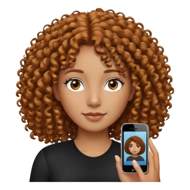 iPhone-style avatar icon of a woman with curly hair, medium brown skin, a few freckles on her face, wearing a black shirt, modern and friendly sticker