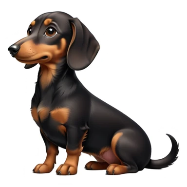 cinematic-[dachshund dog]-realistic-full-body-sitting-emoji,-tail-resting-loosely-beside-its-paws,-head-tilted-dramatically,-sleek-[black and tan]-fur,-simplified-yet-realistic-focused-features,-highly-detailed,-glowing-with-an-almost-sarcastic-glow sticker