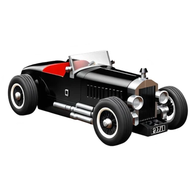 Wednesday Adam’s Blood stained Lego Satanic Darth Vader black Bare bones (channeled cowl) drag racing and speed record modified (fenders removed) chopped streamlined sporty roadster that is a (stripped down) hot street rodded engine sports car 1952 Rolls Royce Woody futuristic  wide racing wheels sticker