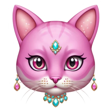glamorous cat portrait, head and shoulders only, exaggerated pink makeup, bright eyeshadow, long eyelashes, shiny blush cheeks, sparkling face gems, glitter accents, elegant earrings, fantasy beauty style, cute 3D cartoon, mobile game icon style, clean background, no text, no watermark
 sticker