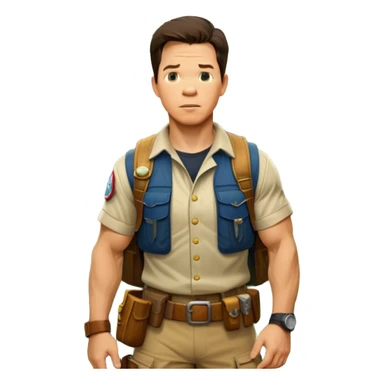Icon for Adventure Movie: A vintage movie poster-style design featuring Mark Wahlberg in a jungle with a treasure map, wearing explorer gear. Include ancient ruins, treasure piles, and jungle foliage in the background. Exciting and adventurous cinematic feel. Transparent background. sticker