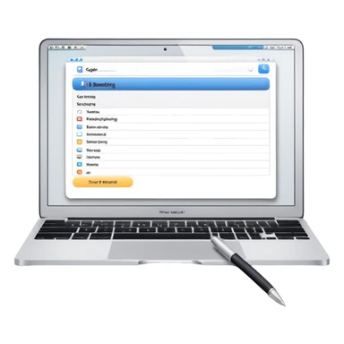 online booking system on MacBook screen next to old-style paper notebook with pen sticker