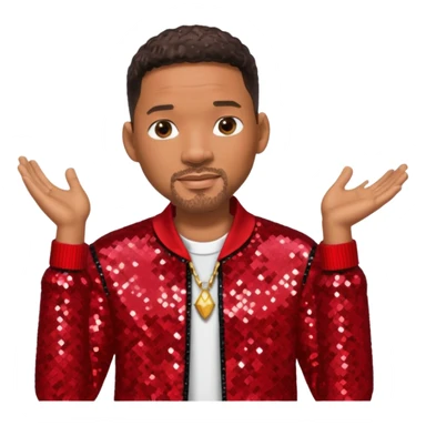 Will Smith with dark brown hair, red sequin outfit sticker