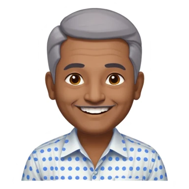 50 yr old indian man, dark skin, grey hair, big smile, white teeth, chubby, no moustache, clean shaven, young style hair, hair brushed back, 5 oclock shadow, bindy dot on forehead, dress shirt sticker