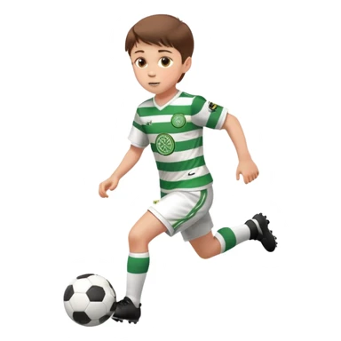 Celtic footballer jersey logo  6 years old brown hair white boy , brown eyes , stripes uniform , RUNNING  with soccer ball is number  17 celtic football logo  ONE CELTIC LOGO ONLY white shorts sticker