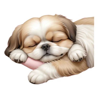 Meme-Worthy Cute Sleeping Shih Tzu Portrait Emoji, Head resting peacefully with a tender, contented smile and eyes delicately closed in serene slumber, showcasing a luxuriously fluffy fur in soft pastel tones, simplified yet irresistibly adorable, highly detailed, glowing with a warm, drowsy radiance, high shine, exuding calm, cozy charm, styled with a gentle, soft glowing outline, capturing the essence of a sleeping Shih Tzu that radiates utterly adorable, sleepy bliss! sticker
