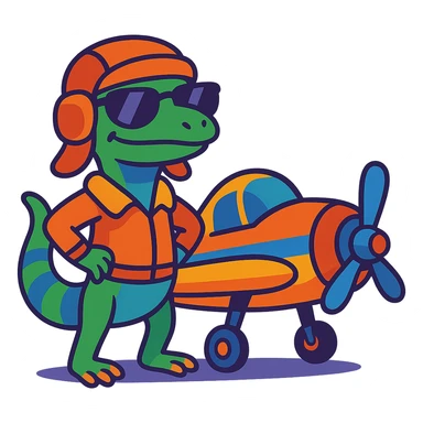 a lizard with a pilot hat and sunglasses, standing next to a small airplane, cartoon style sticker