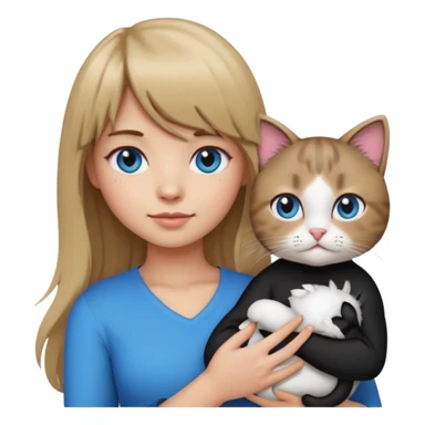 Apple-style emoji sticker of a young woman with long dark blond hair and bangs, blue eyes , holding a spotting black-and-white kitty on her chest.  sticker