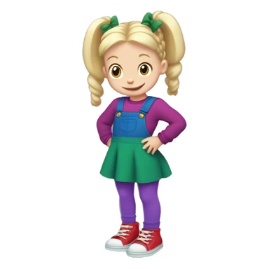 A little blonde girl with pigtails and little purple bows wearing a red long-sleeved shirt and purple overalls skirt with blue tights with green polka dots and purple sneakers, full body, rugrats sticker