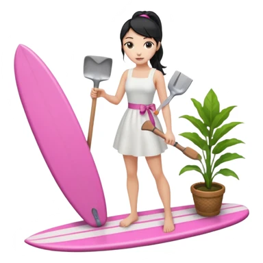 Princess who wearing white dress (woman) black ponytail hair holding her cellphone and  one garden shovel with another hand. She is standing on her feet, there is one pink surfing board. sticker