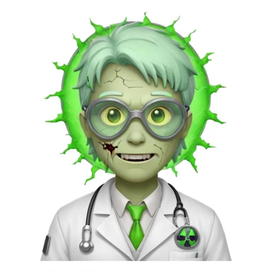 radioactive zombie scientist portrait, head and shoulders only, glowing toxic veins, cracked goggles, lab coat with radiation badge, sinister smile, 3D cartoon, mobile game icon style, clean background, no text, no watermark
 sticker