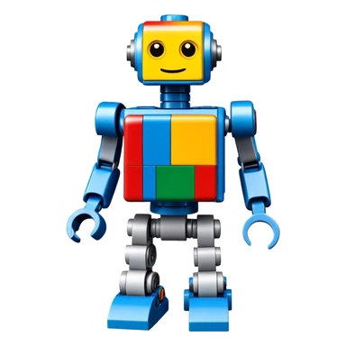A photorealistic icon featuring a detailed robot figure built from LEGO bricks, with intricate parts and colorful pieces. The design includes the LEGO logo subtly visible, with a focus on the craftsmanship and creativity of the build. Transparent background. sticker