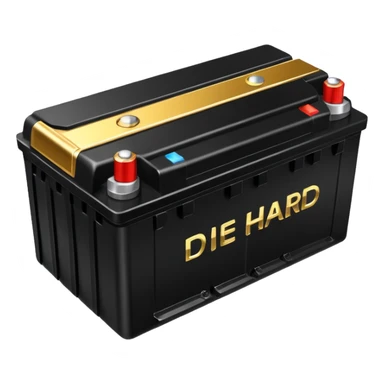 black car battery with the name 'Die Hard' and gold force around it, emphasizing power sticker