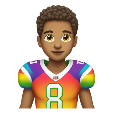 Lightskin boy with earrings wearing rainbow football jersey sticker