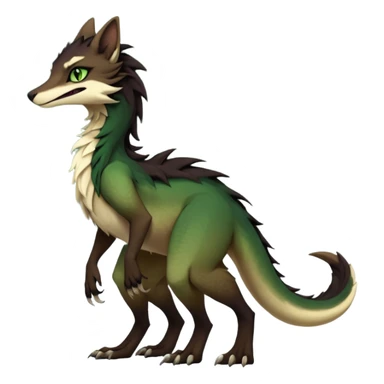 Brown and beige badass elegant wild beautiful natural cute badass epic exotic anthro modern furry 2-legged sergal-vernid-creature, full body, dark-brown-black-gradient pretty hair, with a long tufted tail, green eyes, aesthetic, art by LiLaiRa, art by art by Falvie sticker