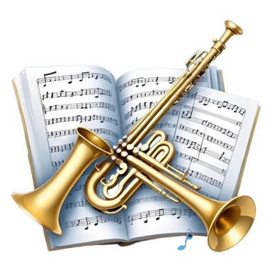 Create an artistic emoji that represents music arrangement and orchestration. The design should feature various orchestral instruments (drums, violin, trumpet, electric guitar, synthesizer) and conductor's baton, musical scores. Incorporate flowing lines to represent harmony and orchestral balance, along with a subtle representation of sheet music. Use rich, classical colors like gold, silver, or deep blue, and create an atmosphere of sophistication and precision. The background should be transparent. sticker